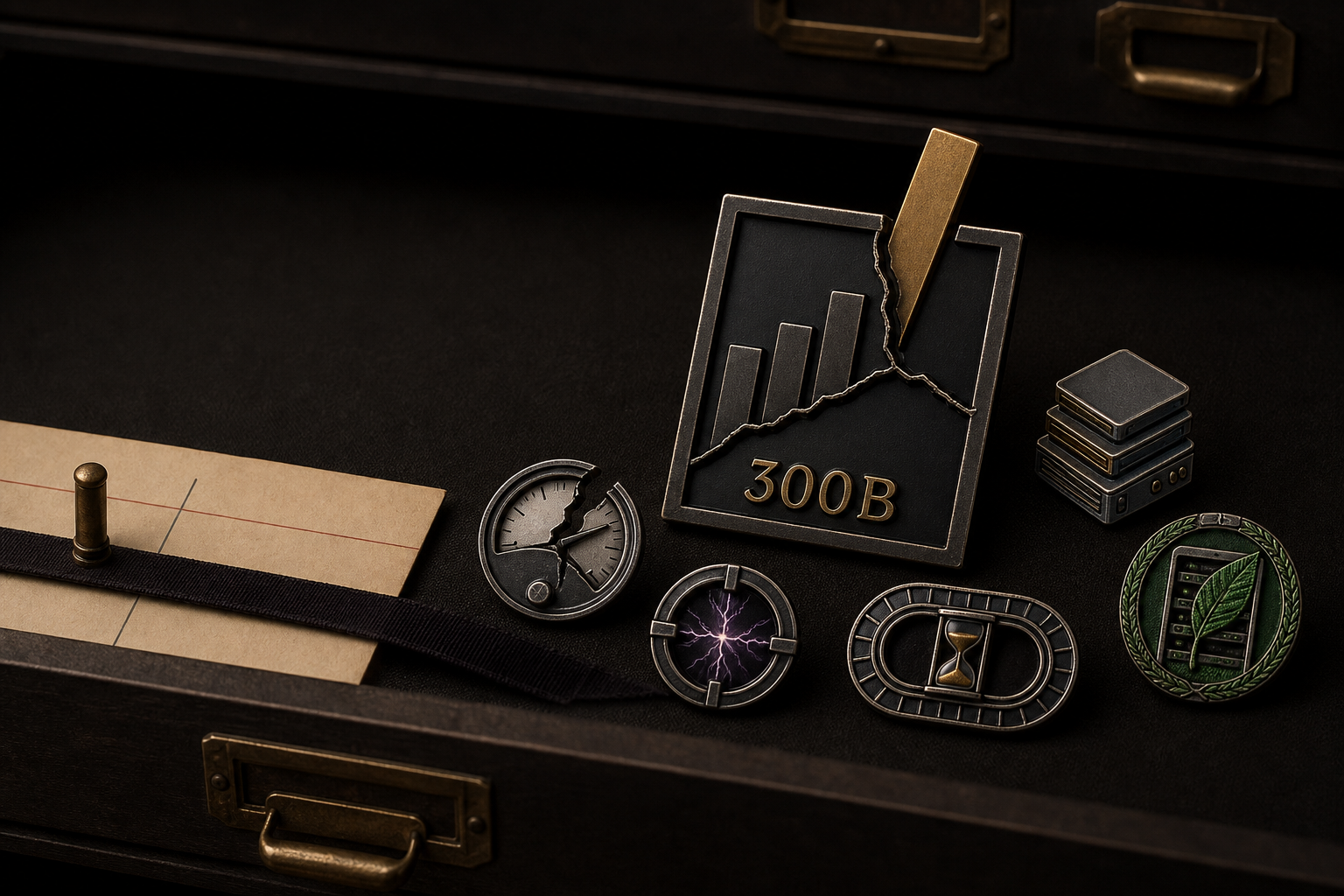 Archival drawer containing a black-nickel 300B graph badge and five smaller technical society badges